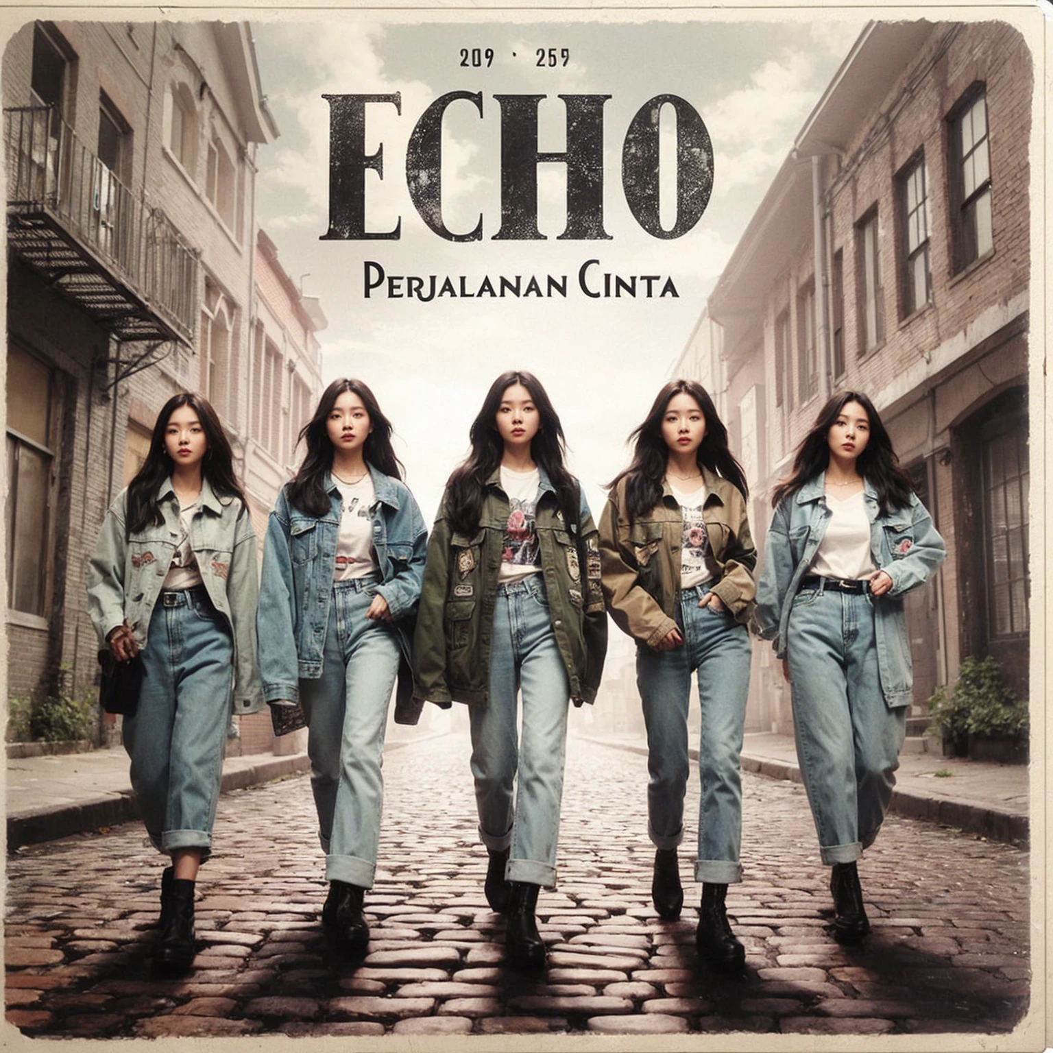 The album cover for "PERJALANAN CINTA" by ECHO shows five Korean female band members walking confidently down a cobblestone street in casual, stylish outfits with jackets, shirts, and jeans. The backdrop is a vintage urban setting with buildings and greenery. "ECHO" is prominently displayed in bold, distressed white letters, with "PERJALANAN CINTA" below it, blending modern style with a cool urban vibe.