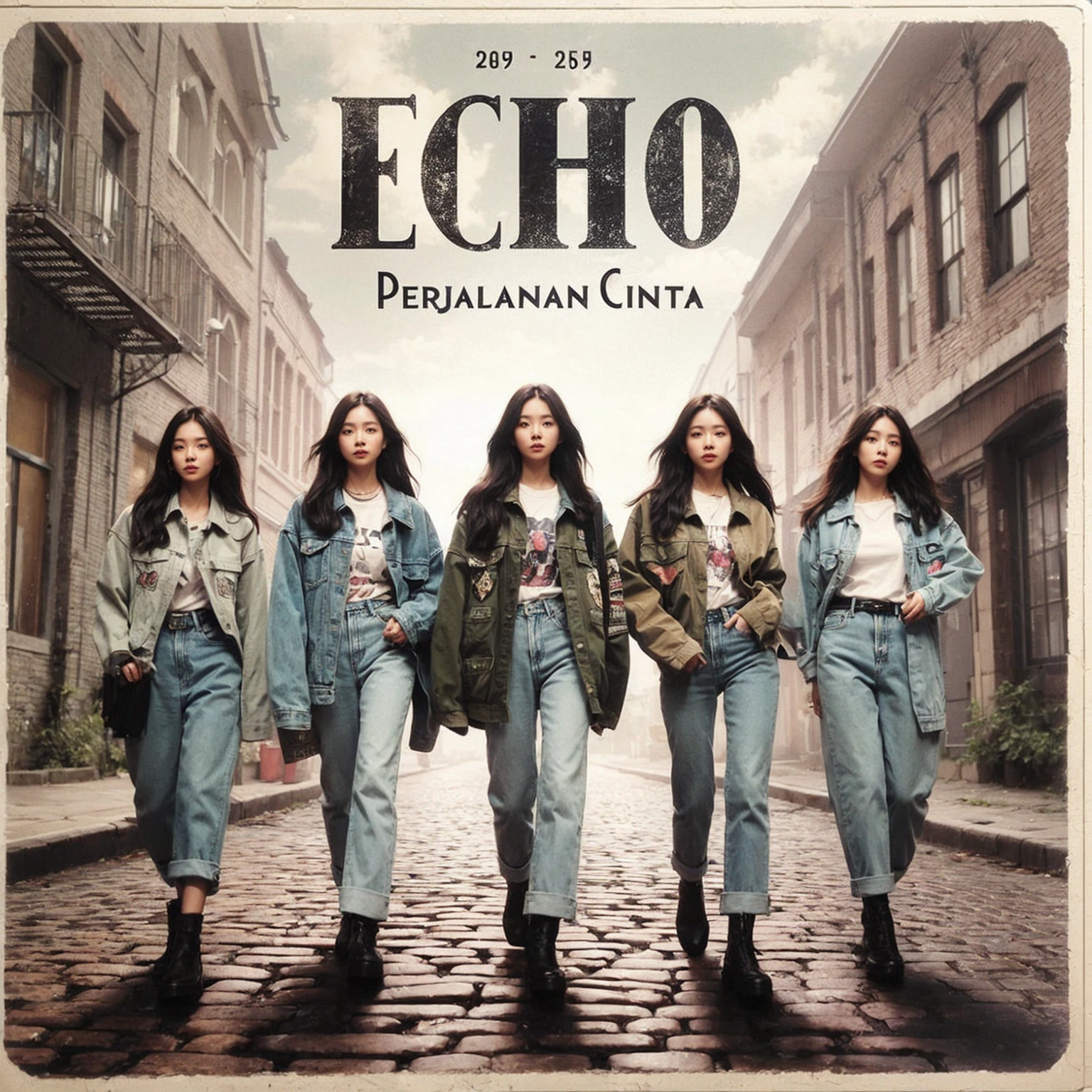 The album cover for "PERJALANAN CINTA" by ECHO shows five Korean female band members walking confidently down a cobblestone street in casual, stylish outfits with jackets, shirts, and jeans. The backdrop is a vintage urban setting with buildings and greenery. "ECHO" is prominently displayed in bold, distressed white letters, with "PERJALANAN CINTA" below it, blending modern style with a cool urban vibe.