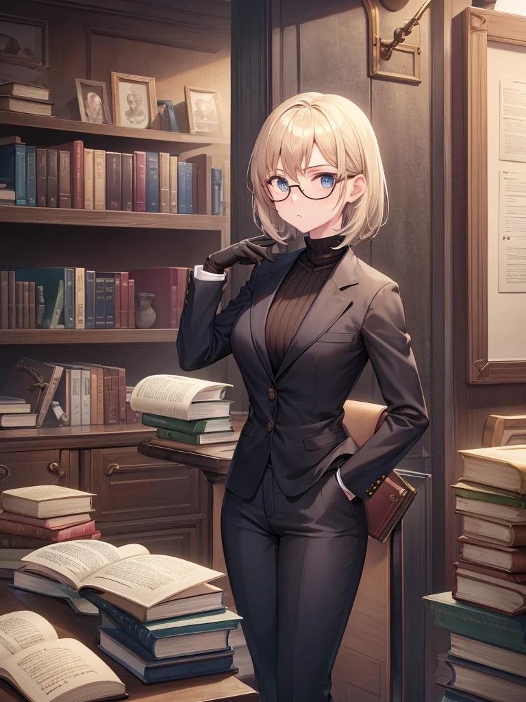 books lying around, cream hair, tall, square glasses, black turtleneck, a beige-color two-button blazer, dark navy-blue pants, and a pair black gloves, looking at viewer, slightly short hair, female, stern expression, slightly leaning on wall, hand on waist