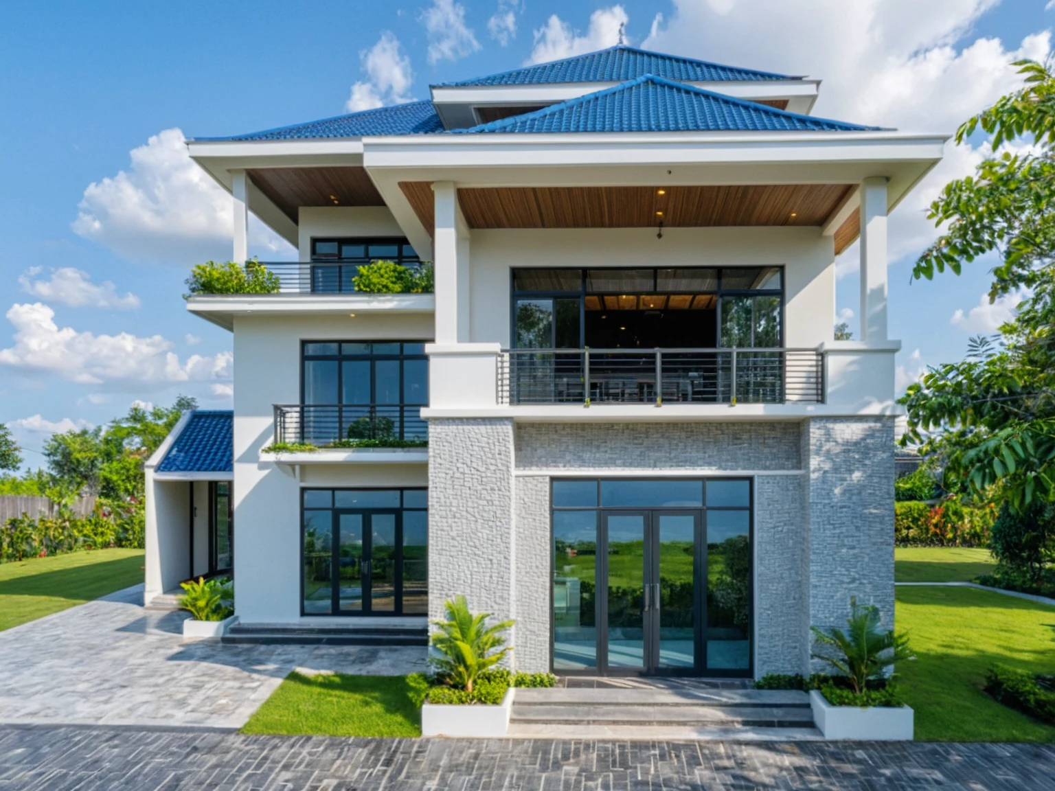 Raw photo, Masterpiece, high quality, best quality, authentic, super detail, outdoors, house style modern on the street , a traditional single-story Thai-style house, large glass window and at the first floor, blue tile roof, white wall, pavement, grass, trees, tropical plants, clear sky, cloud, (nature light), (daylight:1.2)