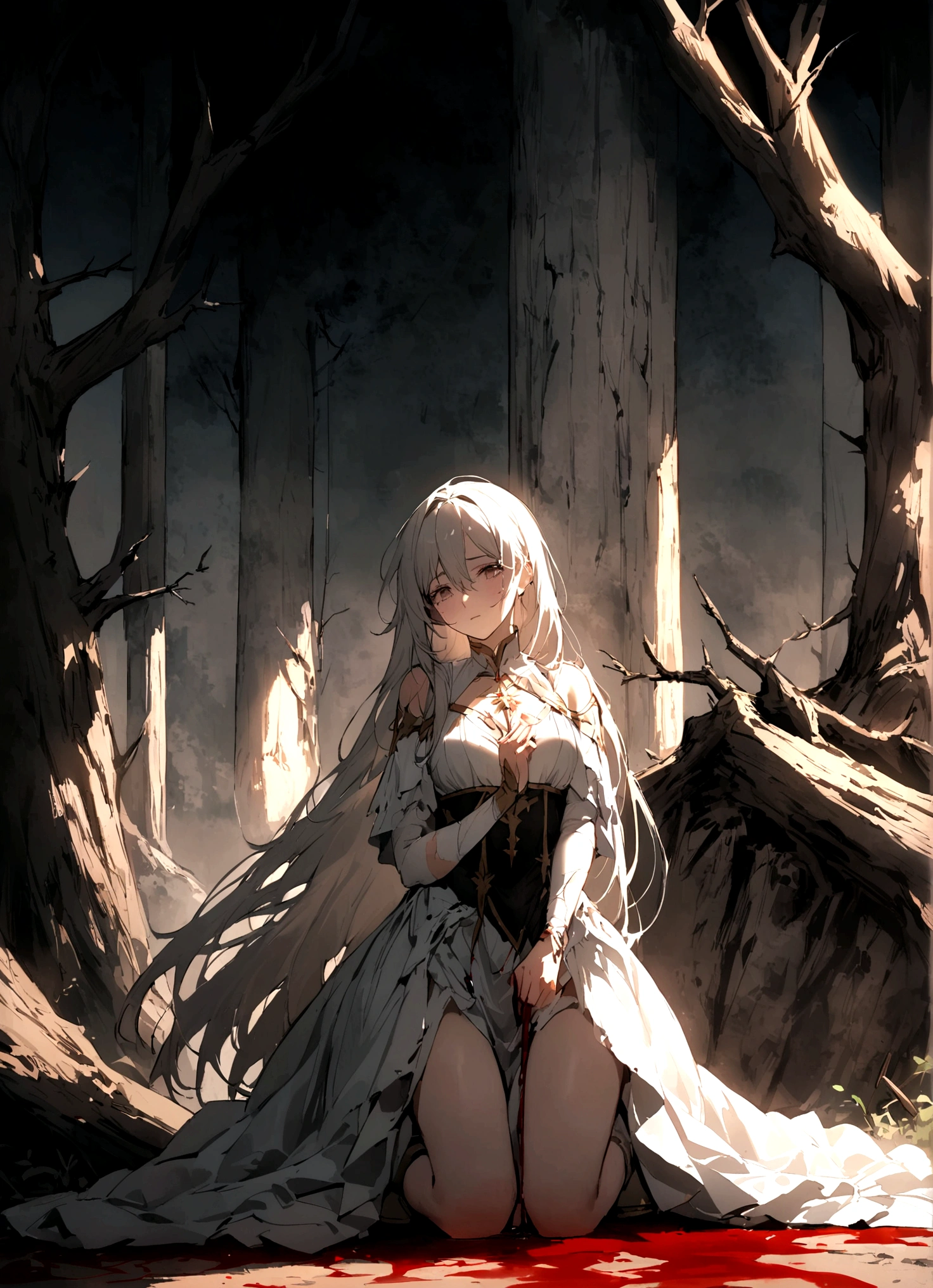 God's son,befall,(The background is the decaying earth,Dead Tree),Kneeling on the ground,pray,cry,Tears,Long hair,(Damaged clothing),Divine Light,White feather,Blood,The light of redemption