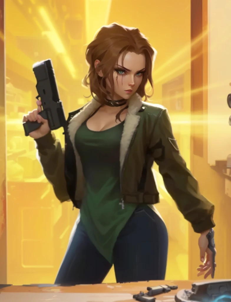 cartoon of a woman holding a gun in a kitchen, female thief, female spy, stylized urban fantasy artwork, female lead character, background artwork, character art closeup, female investigator, detailed game art, dramatic wielding gun pose, perfect dark, shadowrun character art, shadowrun splash art, 2d game art gta cover, 2 d game art gta cover, game art