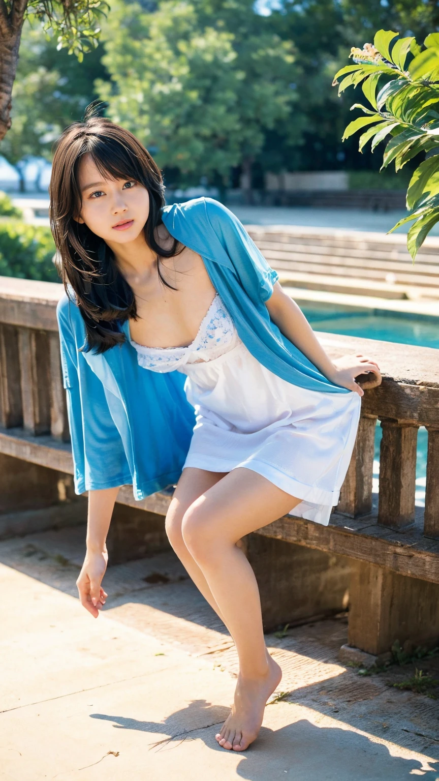 (((8K、Highest quality、masterpiece、Ultra-high resolution)))、(Realistic:1.4)、RAW Photos、(Real skin texture:1.3)、(Film Grain:1.3)、((One Girl、Beautifully detailed eyes, face and skin texture、barefoot))、Cute Japanese Woman、Beach、A strong wind is blowing、Her hair and skirt are flying、(((On all fours, Crawling)))、Pleated skirt、((No underwear:1.35))、splash、Sandy Beach、Light of the sun、clear blue sea、The waves crash quietly、blue sky with white clouds、Beautiful Nature、(((Open front:1.63)))、((No underwear、Raise one leg))、