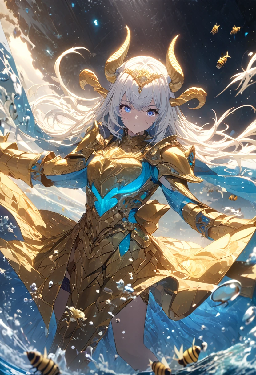 masterpiece, best quality, (Anime: 1.4), fantasy digital artwork, centaur-like figure, human upper body, horse lower body, long flowing white hair, golden horns, golden armor on shoulders and arms, dynamic pose, drawing a golden bow, arrow aimed forward, surrounded by bees, turbulent oceanic scene, splashes of water, glowing particles, sense of motion and magic, gold, white, and blue hues, mystical and ethereal atmosphere, modern anime style, highly detailed, cinematic composition