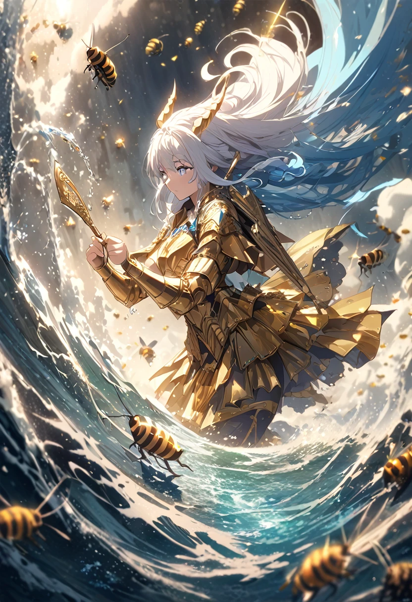 masterpiece, best quality, (Anime: 1.4), fantasy digital artwork, centaur-like figure, human upper body, horse lower body, long flowing white hair, golden horns, golden armor on shoulders and arms, dynamic pose, drawing a golden bow, arrow aimed forward, surrounded by bees, turbulent oceanic scene, splashes of water, glowing particles, sense of motion and magic, gold, white, and blue hues, mystical and ethereal atmosphere, modern anime style, highly detailed, cinematic composition