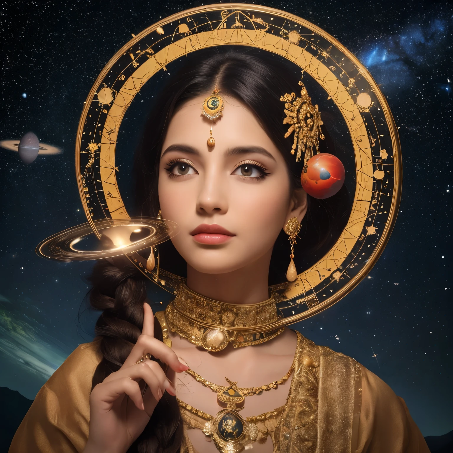 Astrologer, gypsy woman, astrology, astronomy, mystical, planets, constellations, best quality, high resolution,