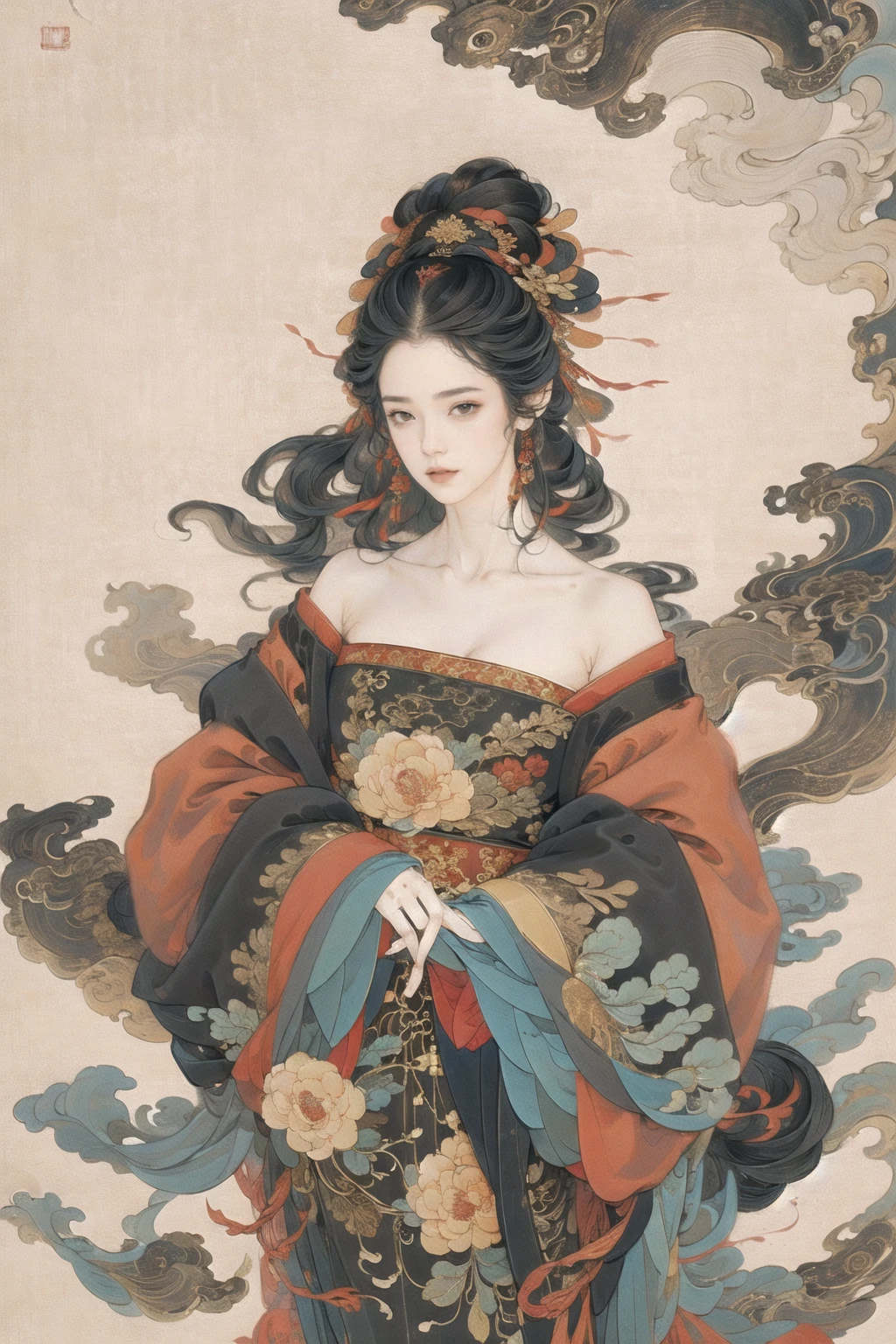 guofeng,Illustrated,black eyes,long hair,multiple colors,high definition,Rich in intricate details,8K,illustration,crazy colors,off shoulder, 1girl,chinese