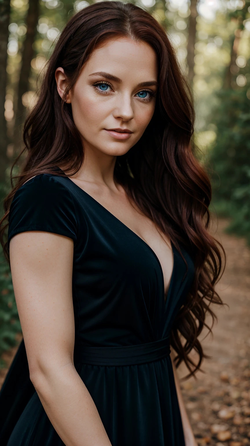 a 40-year-old woman with blue eyes, long black dress, long curly red hair, portrait, very detailed face