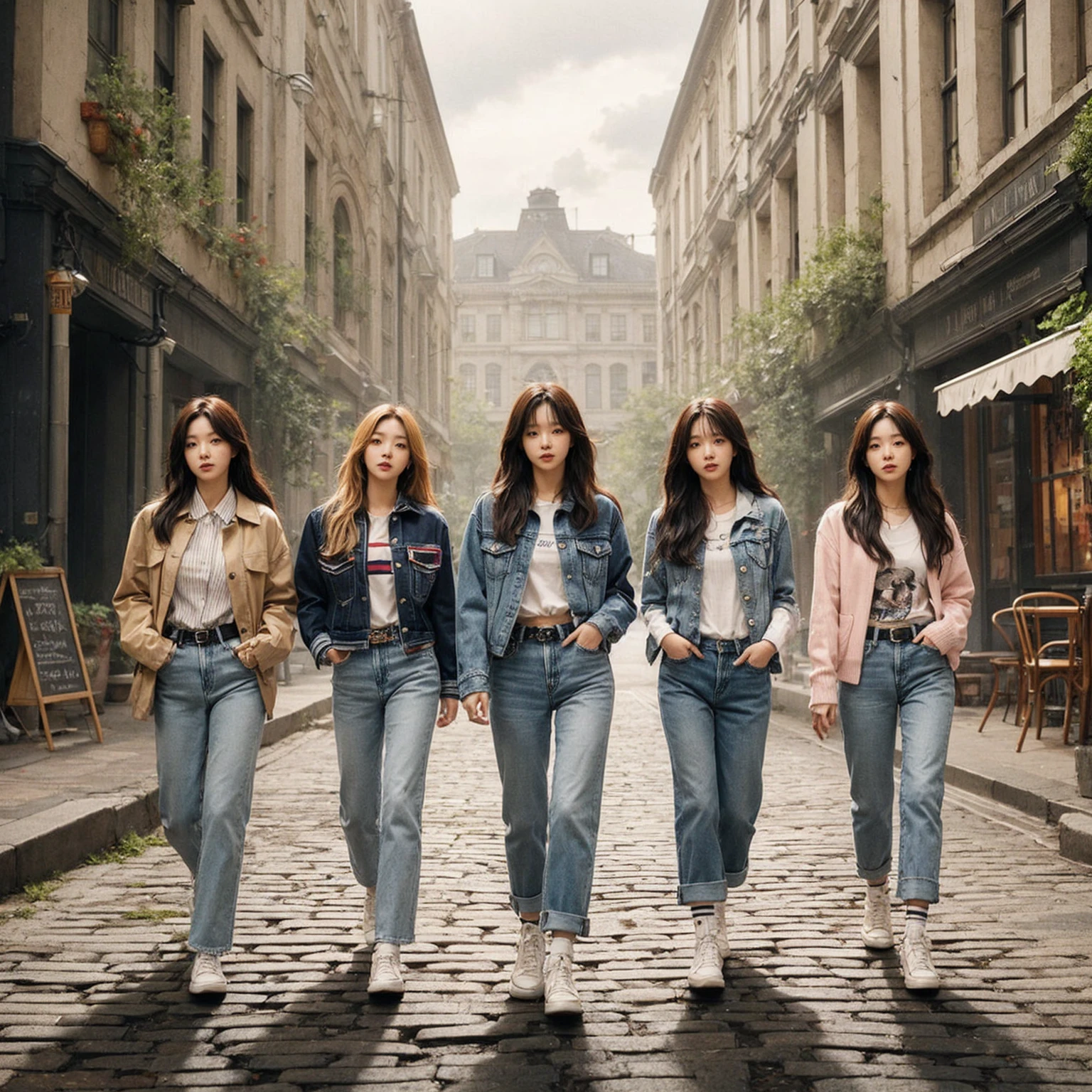 shows five Korean female band members walking confidently down a cobblestone street in casual, stylish outfits with jackets, shirts, and jeans. The backdrop is a vintage urban setting with buildings and greenery. blending modern style with a cool urban vibe.