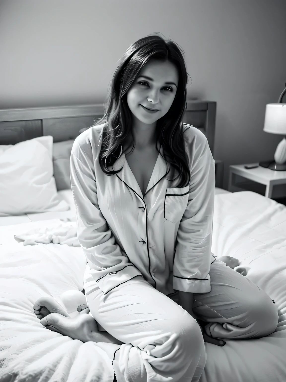 arafed woman sitting on a bed in pajamas and smiling, wearing white pajamas, wearing pajamas, sitting on the bed, sitting on a bed, posing in bed, on the bed, portrait image, portrait shot, black and white monochrome, in style of britt marling, candid portrait, photo portrait, sitting on her bed, wearing a baggy pajamas