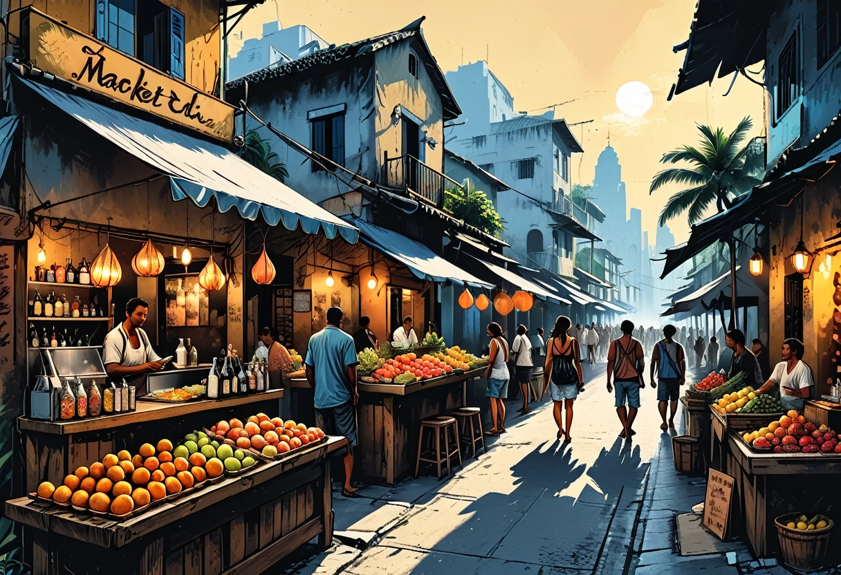 tropical side street, palm, (market), fruits, bar, street food, people, people on the street, dead end, graphic style of novel comics, perfect hands, 2d, 8k, hyperrealism, masterpiece, high resolution, best quality, ultra-detailed, super realistic, Hyperrealistic art, high-quality, ultra high res, highest detailed, lot of details, Extremely high-resolution details, incredibly lifelike, colourful, soft cinematic light,