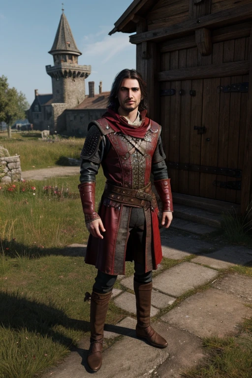 bard Dandelion from The Witcher, in leather medieval clothes and a red leather cloak medieval fantasy art 3D