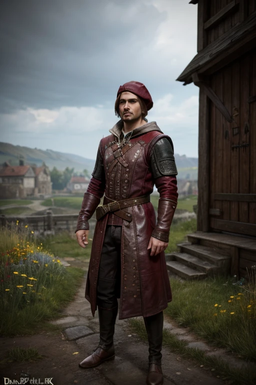 bard Dandelion from The Witcher, in leather medieval clothes and a red leather cloak medieval fantasy art 3D