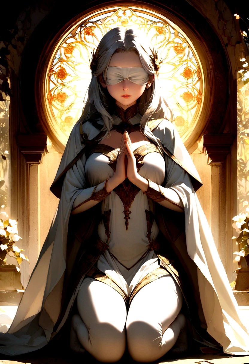 Imagine a high resolution, photorealistic image that exquisitely captures a person genuinely praying. The person is kneeling with both hands carefully joined together, in a gesture of deep devotion. The backlight is absolutely realistic, emanating from a heavenly source and filling the scene with a gentle, Natural brightness. Every detail of the picture is offered, from the wrinkles on the person&#39;s hands to the subtle nuances of shadow and light on their face. Image quality is exceptional, with textures, Cores and details that seem to pop out of the screen. This image is a stunning representation of faith and spirituality, able to touch the heart of whoever contemplates it.Create an original character design sheet,pristress girl , holy maiden , praing , crystal white armor , white hair , crystal clear blindfold,octane render, best quality, looking up , 