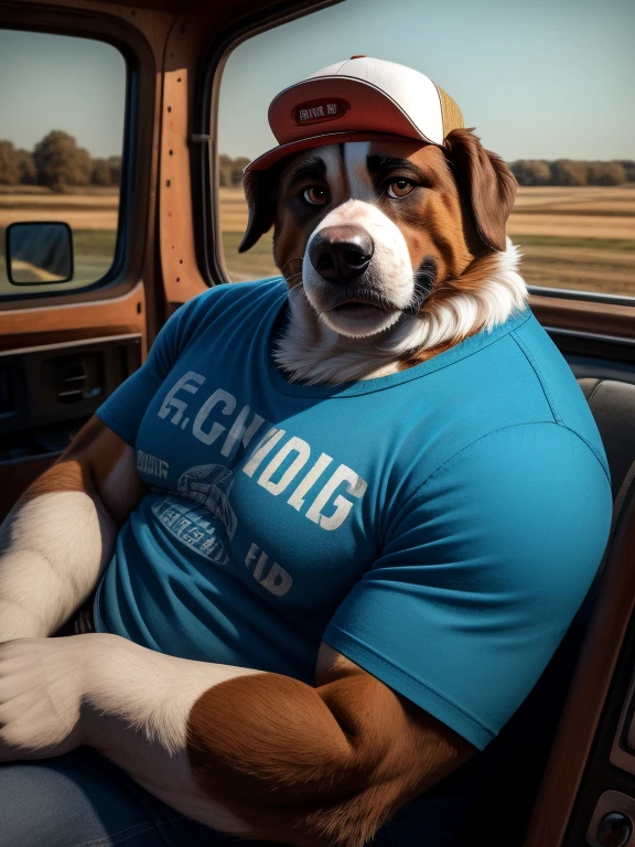 Solo, male, dog, St Bernard, tall, strong, chubby, trucker, in truck, arm resting on top of the seat, driving, t-shirt, hat, facing viewer, upper body, rural background 
