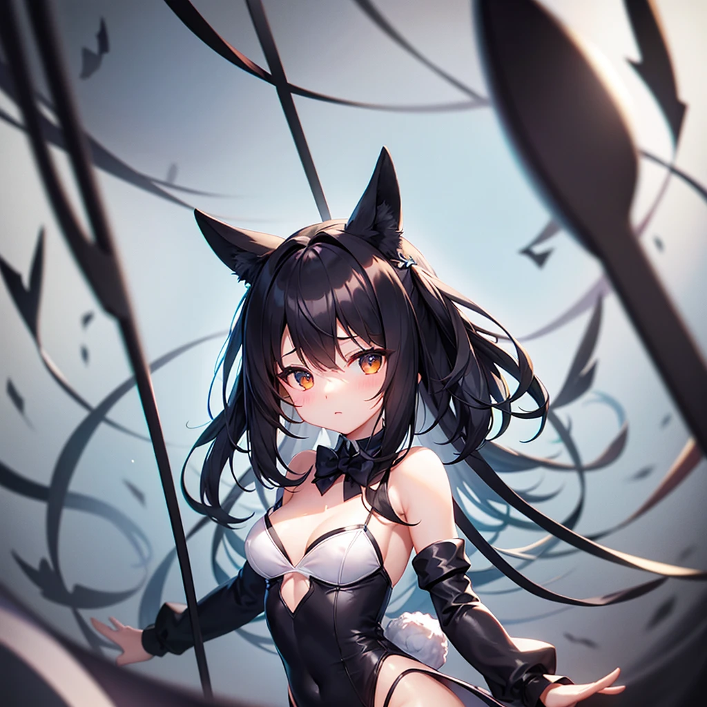 (Bunny girl),Dropped ears,Cute little ,Tiny ,Small girl,,Childish face, Very fine clean face,Top quality,Black Hair,(Dark Room), Subtle light, Natural light,Soft lighting,Light from directly behind, (Are standing),With bust up,Front view,Black background