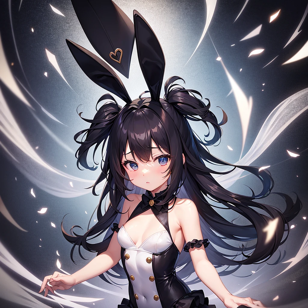 (Bunny girl),Dropped ears,Cute ,Tiny ,Small ,Childish face, Very fine clean face,Top quality,Black Hair,(Dark Room), Subtle light, Natural light,Soft lighting,Light from directly behind, (Are standing),With bust up,Front view,Black background
