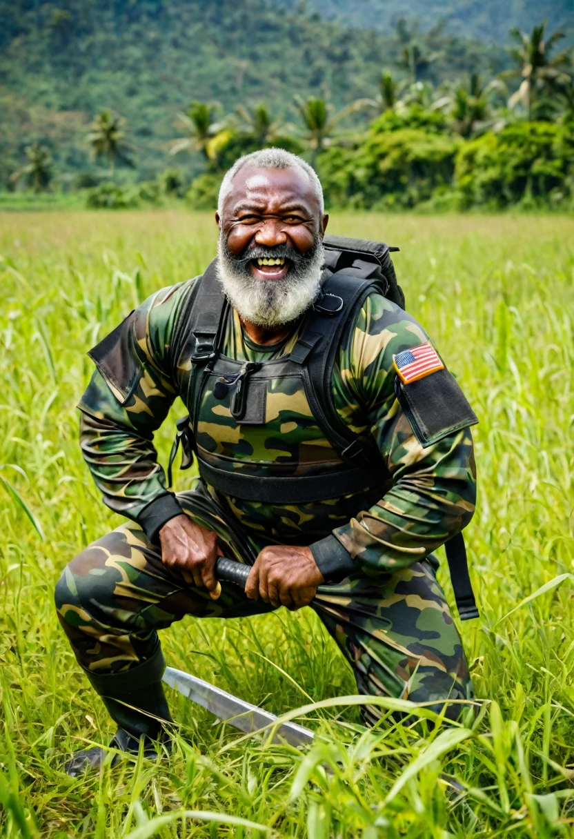 (a dark-skinned bearded fat muscular old man in a bulky army camouflage zipper diver suit) crouching in a field, carrying a machete, muscular, Bruce Onobrakpeya, sumatraism, stanley artgermm, action, heroic, fierce, grin