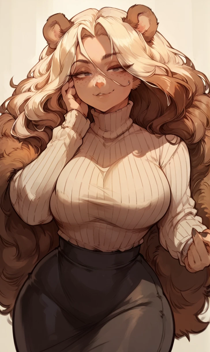 Brown long fluffy hair, fluffy hair, bear ears, bear, big breasts, attractive, turtleneck sweater, turtleneck, thicc body, thicc, freckles, freckles on face, neutral expression, smug eyes, bored eyes, skirt, black skirt