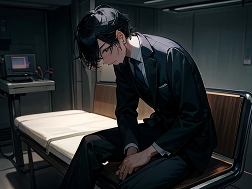 One Man、Black Hair、Dark Eyes、In a suit、hospital、In front of the operating room、sitting on a bench、Looking down、Dark look、Dark atmosphere、