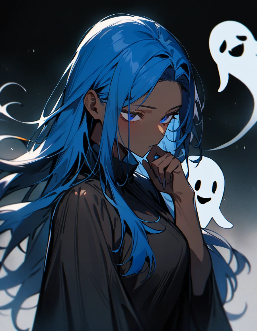 (1girl,jujutsu kaisen) solo, ghost girl, long hair, masterpiece, best quality, high quality, girl focus, brown skin, blue hair, brown skin color