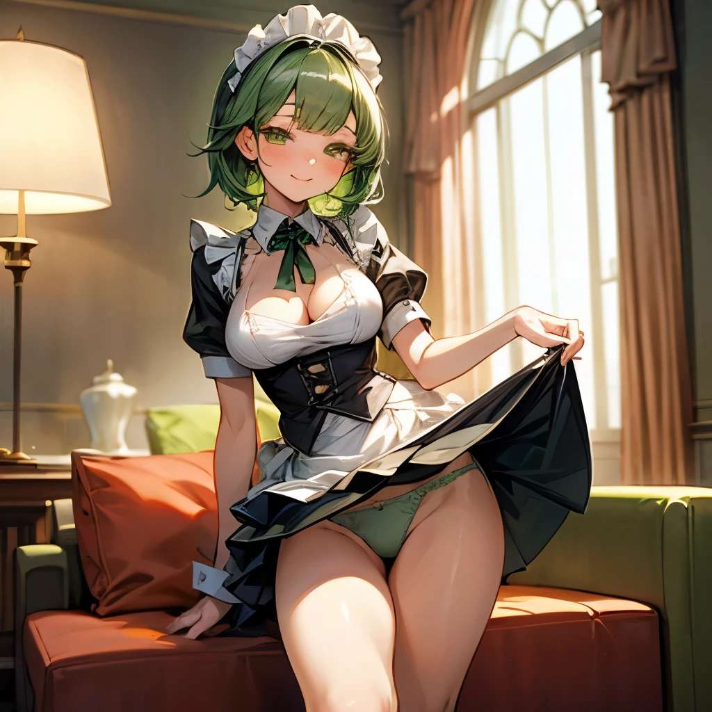 Girl with medium green hair, green eyes, maid uniform, smile, breast, Big hips, neckline, costs, lustful face, indoors, rich living room, holding her skirt, lifts her skirt, shows panties, Green thongs, Mature figure, крупная breast