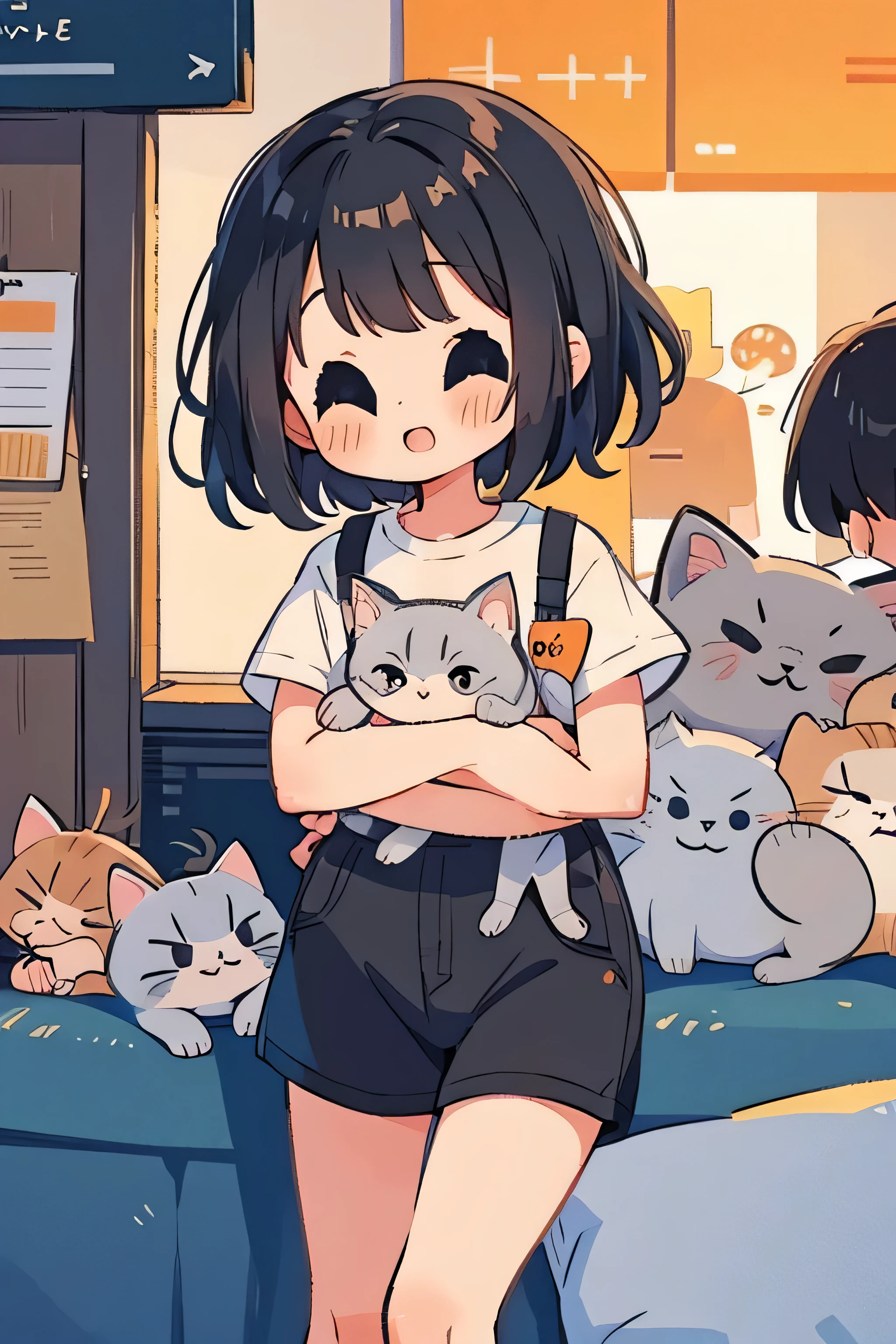 chibi girl logo, Short black hair, surprised, gray kitten, and orange kitten