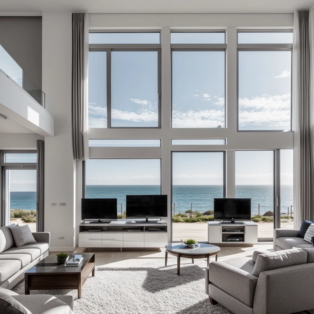 gray and white living room, television, large windows facing the sea.