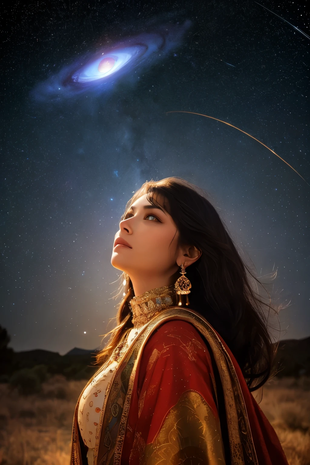 Astrologer, gypsy woman, astrology, astronomy, mystical, planets, constellations, best quality, high resolution, 