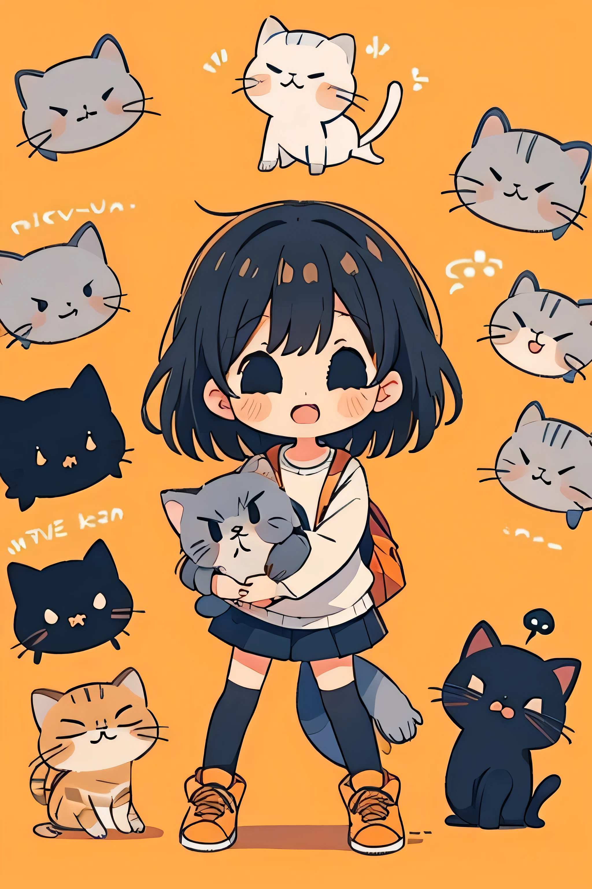chibi girl logo, Short black hair, surprised, gray kitten, and orange kitten