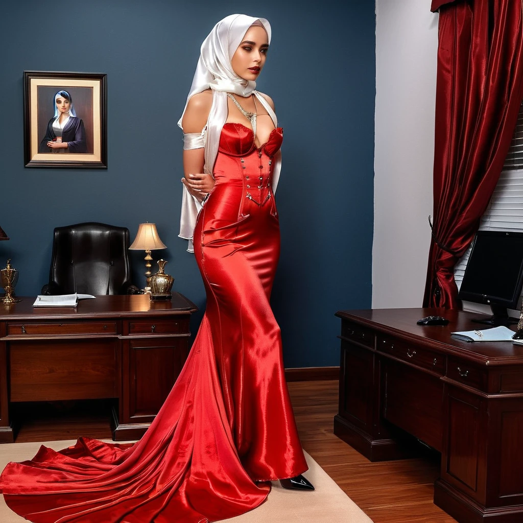 A woman secretary in the translucent red night gown, half naked,nipple on with nipple pearching, wear corset with bra expose, neck strap,wear blazer,wearing satin hijab, full body,mermaid tight long gown, flowy dramatic long gown,very long flor length gown, tall women, in office room, 
 sexy face, sexy pose, wear high heels, masterpice, hyper realistic