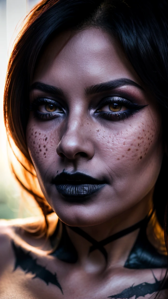 (best quality, hyperdetailed photography:1.2), beautiful Indian lady, ((dark black lipstick)), freckles, gothic makeup, soft light, curvy figure, head and breast portrait, cover, (detailed beautiful face, detail skin texture, ultra-detailed body:1.1) sexy vampire women, closeup