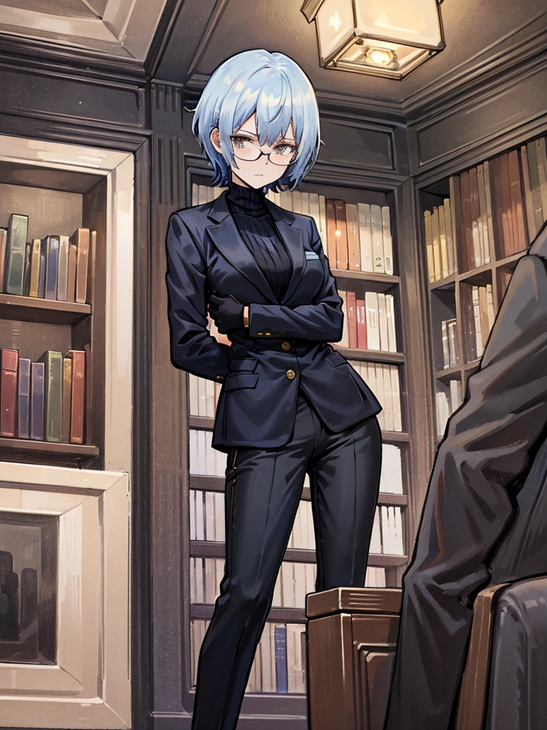 books lying around, cream hair, tall, square glasses, black turtleneck, a beige-color two-button blazer, dark navy-blue pants, and a pair black gloves, looking at viewer, slightly short hair, female, stern expression, slightly leaning on wall, hand on waist