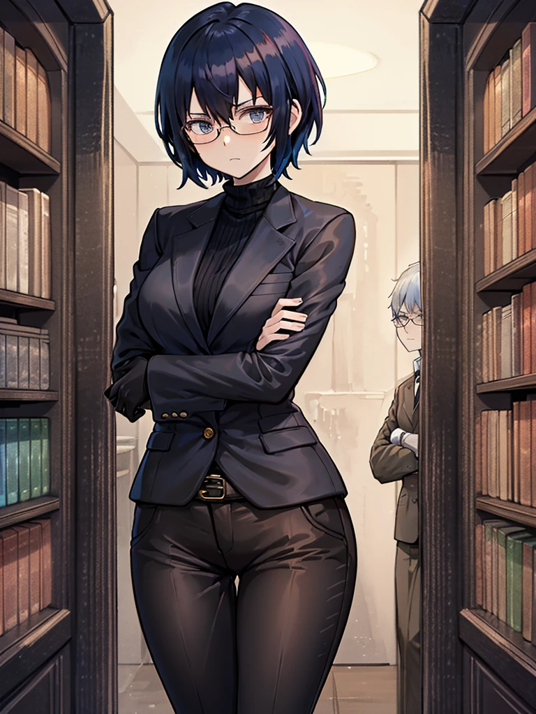 books lying around, cream hair, tall, square glasses, black turtleneck, a beige-color two-button blazer, dark navy-blue pants, and a pair black gloves, looking at viewer, slightly short hair, female, stern expression, slightly leaning on wall, hand on waist