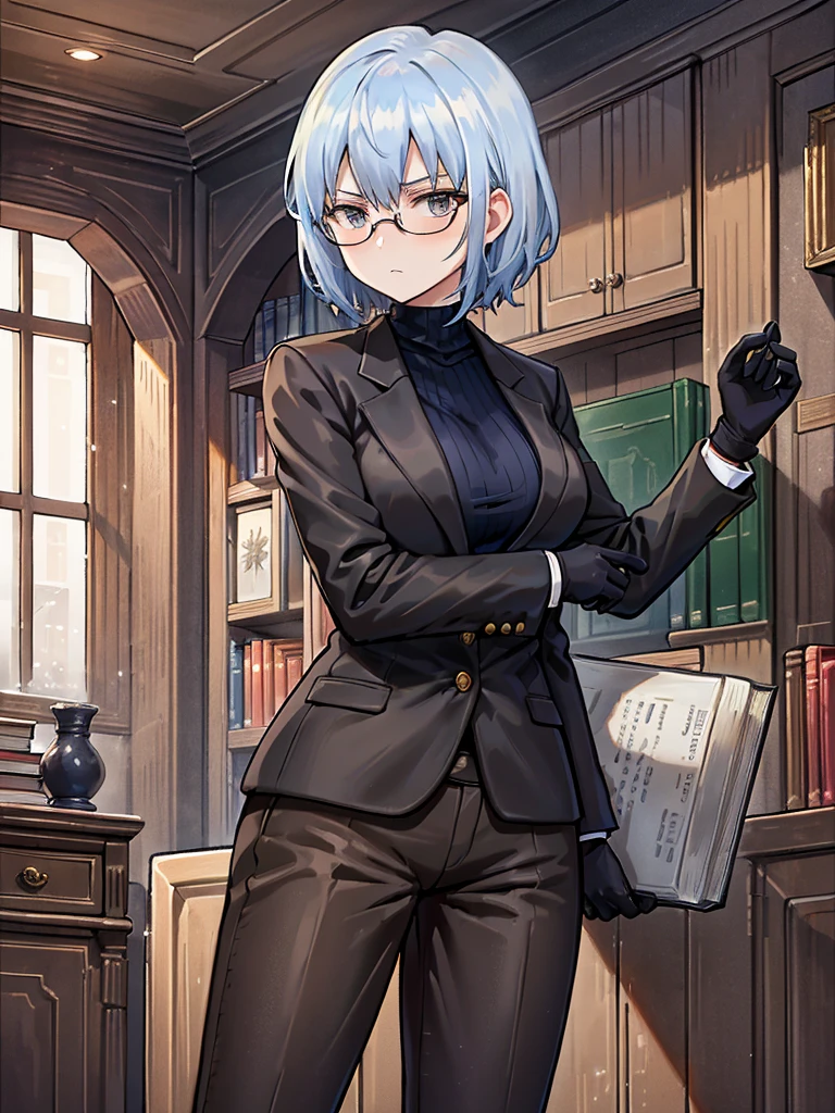 books lying around, cream hair, tall, square glasses, black turtleneck, a beige-color two-button blazer, dark navy-blue pants, and a pair black gloves, looking at viewer, slightly short hair, female, stern expression, slightly leaning on wall, hand on waist