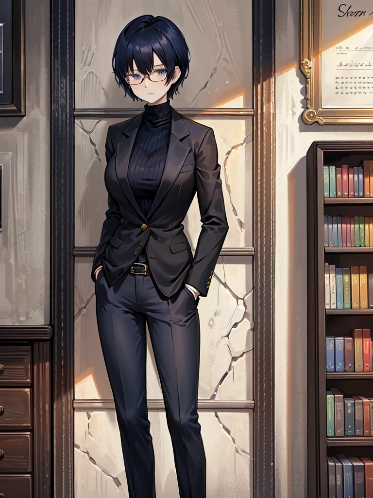 books lying around, cream hair, tall, square glasses, black turtleneck, a beige-color two-button blazer, dark navy-blue pants, and a pair black gloves, looking at viewer, slightly short hair, female, stern expression, slightly leaning on wall, hand on waist