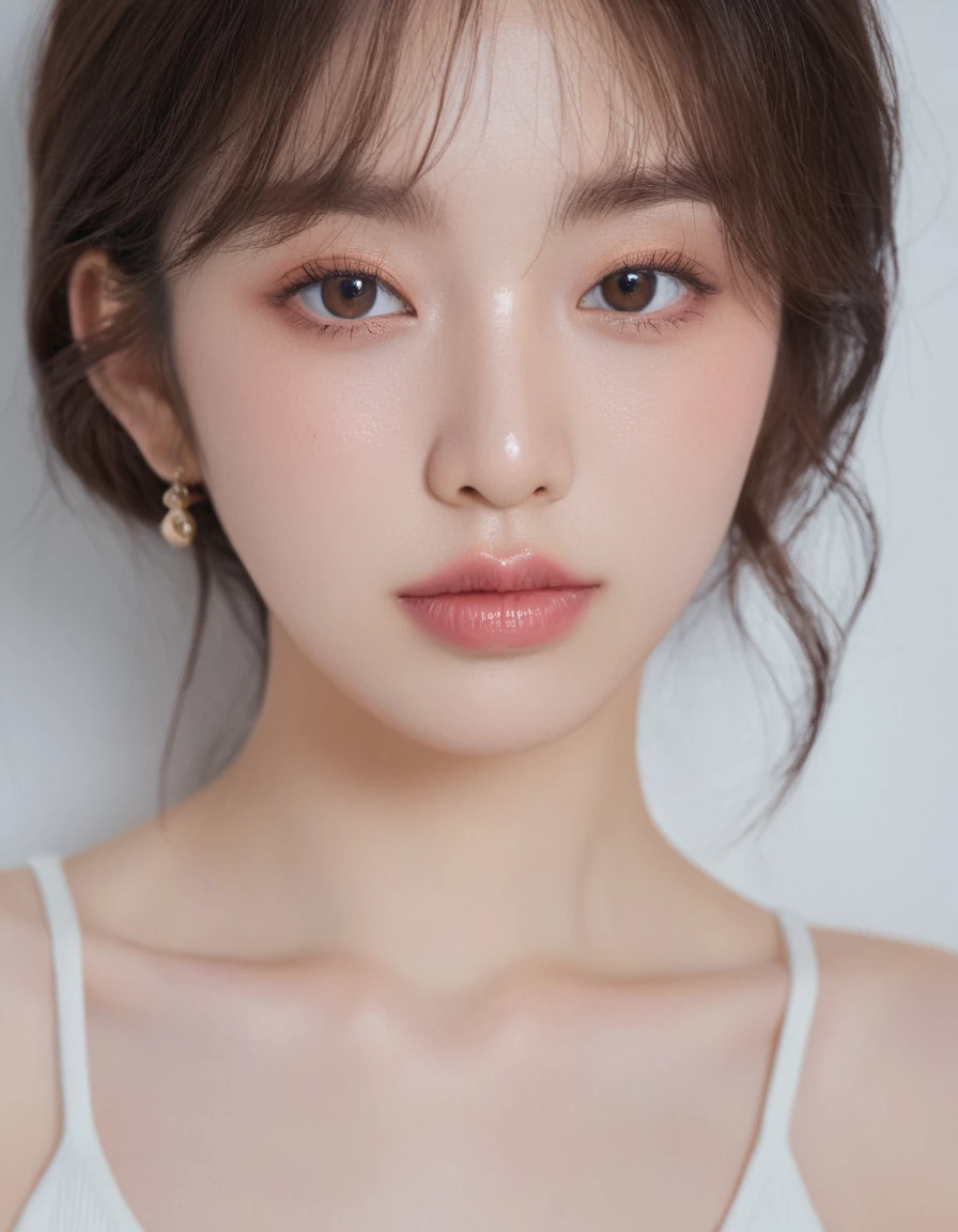 medium wide close-up, potrait, wide shoot, profile photo, front photo, 1girl, woman, (Photorealsitic)、(intricate detailes:1.2)、(masterpiece、:1.3)、beauty face, (top-quality:1.4)、(超A high resolution:1.2)、超A high resolution、(A detailed eye)、(detailed facial features), ((Realistic lighting、top-quality、8K、natural light, masterpiece:1.3))、bright photo, Clear focus:1.2、1girl in、flawless beauty:1.4、Superfine Face、Narrow-eyed、double eyelid、photos realistic, perfect eyes, perfect skin, detailed skin, detailed face, looking viewer, front view, potrait, raw photo, simple soft pink background, (intricate detailed skin textured:1.4) front view, looking viewer, clear face, 1 girl、porate、Bright and very beautiful face、beautiful girl, A stunning close-up portrait showcasing the beauty of a Korean model. The composition features soft, natural lighting , bright eyes, and striking cheekbones. Her glossy, The background is simply white background, wear sweetshirt, neat hair, long hair, instagram model, profil picture, bright and natural
