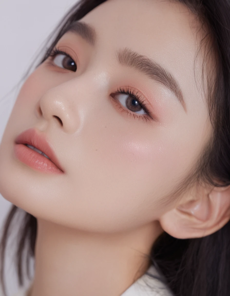 medium wide close-up, potrait, wide shoot, profile photo, front photo, 1girl, woman, (Photorealsitic)、(intricate detailes:1.2)、(masterpiece、:1.3)、beauty face, (top-quality:1.4)、(超A high resolution:1.2)、超A high resolution、(A detailed eye)、(detailed facial features), ((Realistic lighting、top-quality、8K、natural light, masterpiece:1.3))、bright photo, Clear focus:1.2、1girl in、flawless beauty:1.4、Superfine Face、Narrow-eyed、double eyelid、photos realistic, perfect eyes, perfect skin, detailed skin, detailed face, looking viewer, front view, potrait, raw photo, simple soft pink background, (intricate detailed skin textured:1.4) front view, looking viewer, clear face, 1 girl、porate、Bright and very beautiful face、beautiful girl, A stunning close-up portrait showcasing the beauty of a Korean model. The composition features soft, natural lighting , bright eyes, and striking cheekbones. Her glossy, The background is simply white background, wear sweetshirt, neat hair, long hair, instagram model, profil picture, bright and natural
