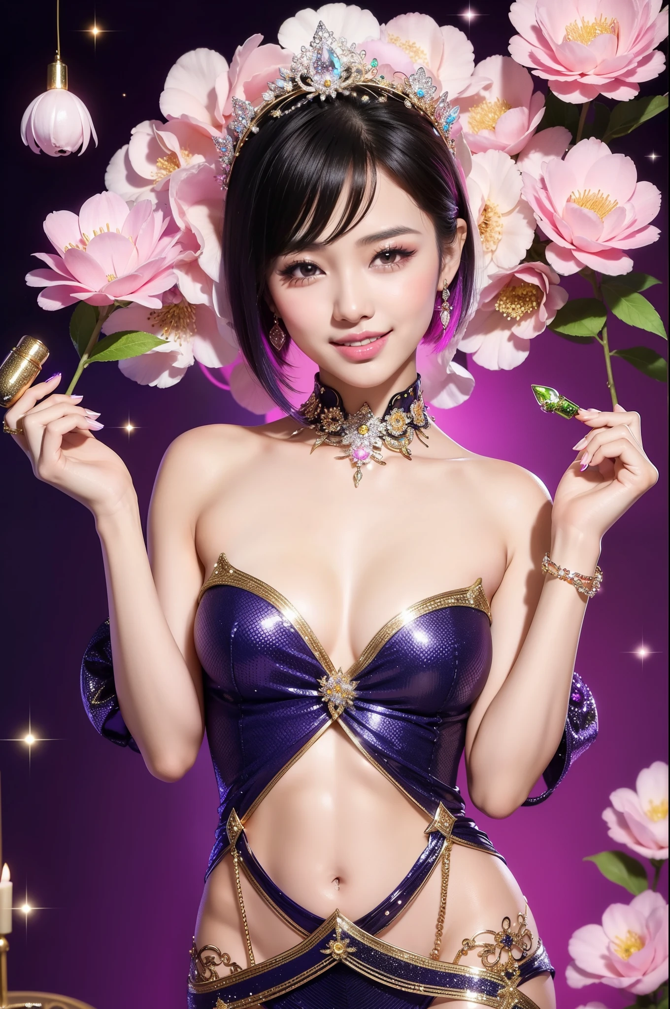 sexy Thai model who controls poison、smiling face、lip-gloss、long lashes、dramatic makeup、look at the camera、full body Esbian、、sparkling poisoned flower costume、、、、sparkling Colorful short hair、secrete poison、skull hair accessories、sexy tights、shiny sparkling flowers background