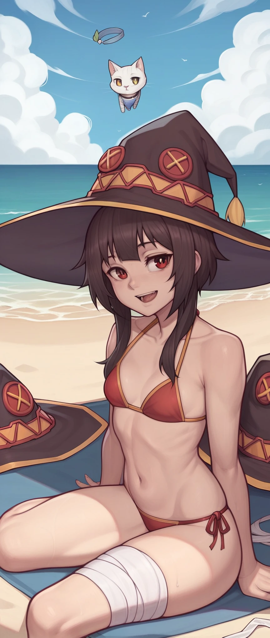 _asura style, 1girl, swimsuit, megumin, bikini, small_breasts, red_eyes, breasts, red_bikini, day, hat, outdoors, bandaged_leg, brown_hair, sky, open_mouth, short_hair_with_long_locks, ocean, cat, cloud, blue_sky, headwear_removed, beach, bare_shoulders, bandages, hat_removed, witch_hat, sitting, bangs, solo, smile, sidelocks, black_cat, short_hair, from_side, arm_support, bare_arms