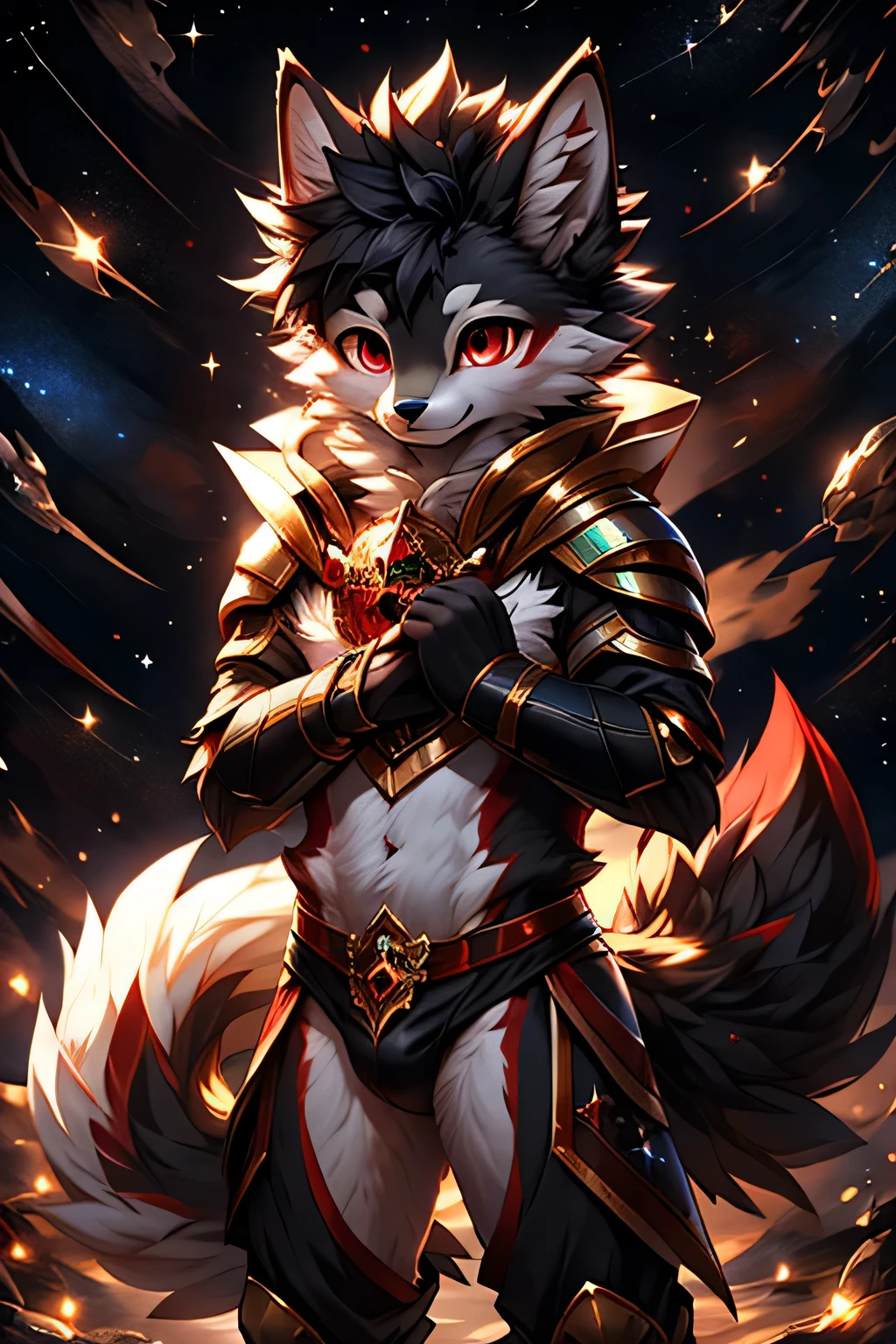  Rystal, Star  wolf, male,Dark emerald hair， (detailed), fluffy, solo, Meticulous and realistic, delicate eyes, ( The pupil of the Eye of the Blood Wheel), (( Black and red eyes)), Excellent quality, high detail, detailed fur, ((The tail is in the right position) ，He wears a pair of small white briefs， stand，Flirting，Space Knight，Romantic starry sky
