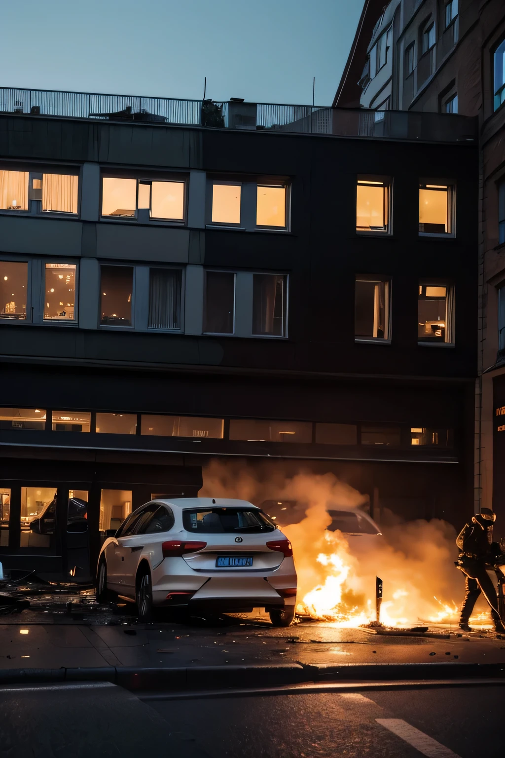 arson of a car in Germany in the city at 2 a.m.:30 o'clock.. full HD. highest resolution super realistic image real photo fire brigade in the background emergency services on site. forensic scientist stands with suitcase at the edge of the picture. real picture in a very nice resolution. clearly, engraved contours everything in detail and very nicely done.