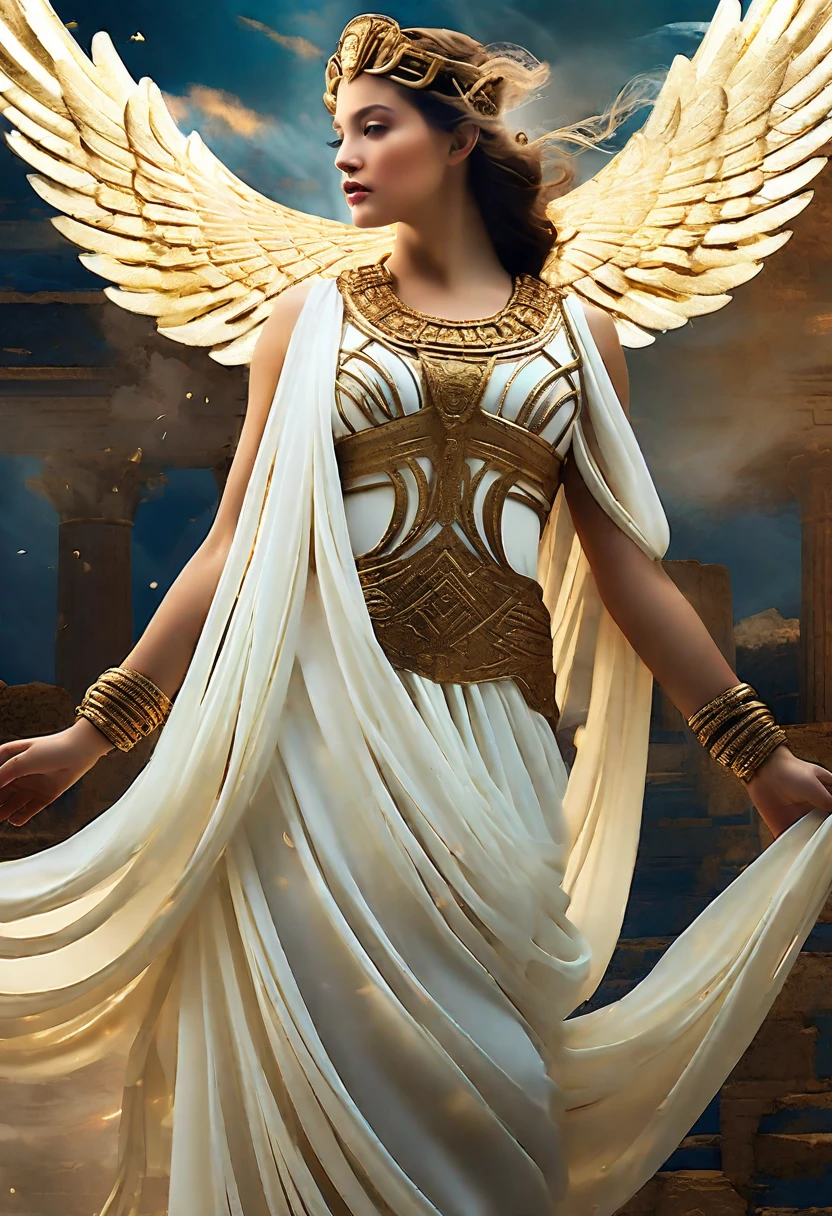 "Imagine an AI-generated artwork of a mythical Greek goddess. Imagine her draped in ethereal robes adorned with symbols of classical antiquity., embodying divine grace and beauty. Surround her with an aura of heavenly light., with a backdrop reminiscent of ancient Greek landscapes, combining its contemporary charm with the timeless elegance of Greek mythology. Use a harmonious color palette that reflects both the richness of your heritage and the allure of a mythological kingdom.. The final image should be a visual ode to her as a modern goddess., Seamlessly fusing the worlds of cinema and ancient mythology.."