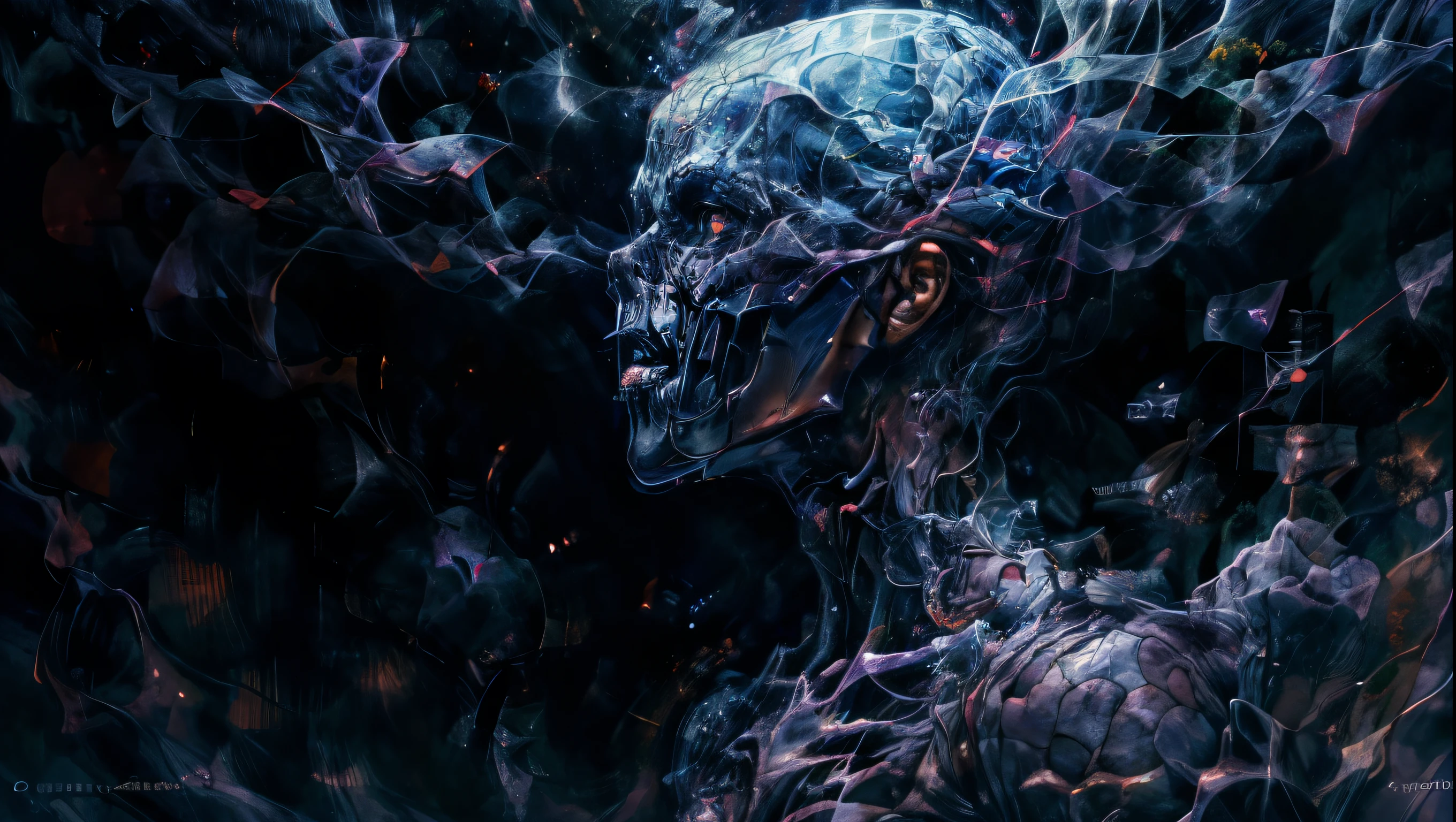 a woman with purple black smoke coming out of her eyes and mouth, dark background, cinematic lighting, dark fantasy, ethereal, dramatic, high contrast, moody, intense, mysterious, supernatural, surreal, (best quality,4k,8k,highres,masterpiece:1.2),ultra-detailed,(realistic,photorealistic,photo-realistic:1.37),digital art, dark art, concept art, dark fantasy art, dark portrait, dark fantasy portrait, ((wearing a black mask)), ((red eyes)), ((white hair))