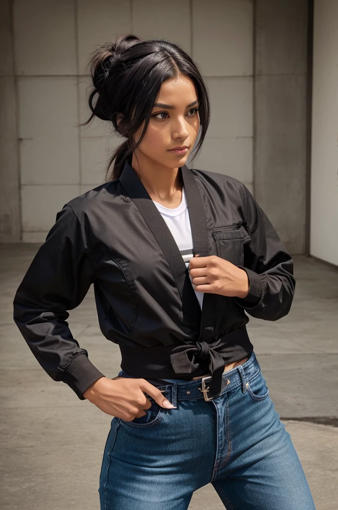 Hair Color/Style: Jet black, tied back in a short ponytailEye Color: Dark brown, with a focused and intense gazeClothing: Wears a traditional taekwondo dobok (uniform) with a black belt, and a casual jacket and jeans when not trainingAccessories: Often seen with wrist wraps and a headband, and carries a water bottle and a small training journal