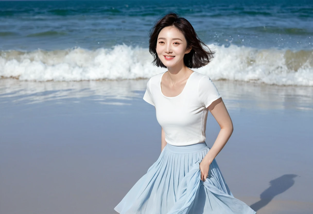 blue, Beach with white waves, Clear picture quality, Beautiful 36-year-old short Korean woman, Chest size 34 inches, Wear white short sleeves and sleeveless tops, lightweight mid length skirt. beautiful pretty woman look , wearing a light skirt , Dipping my toes in the waves crashing in the distance. Short medium hair blowing in the wind, 1 woman, beautiful eyes, Smiling, Full-body photo taken from afar with a wide-angle lens, The background is clean and perfect., Waves are coming on the white sand beach, my skirt got wet. short woman