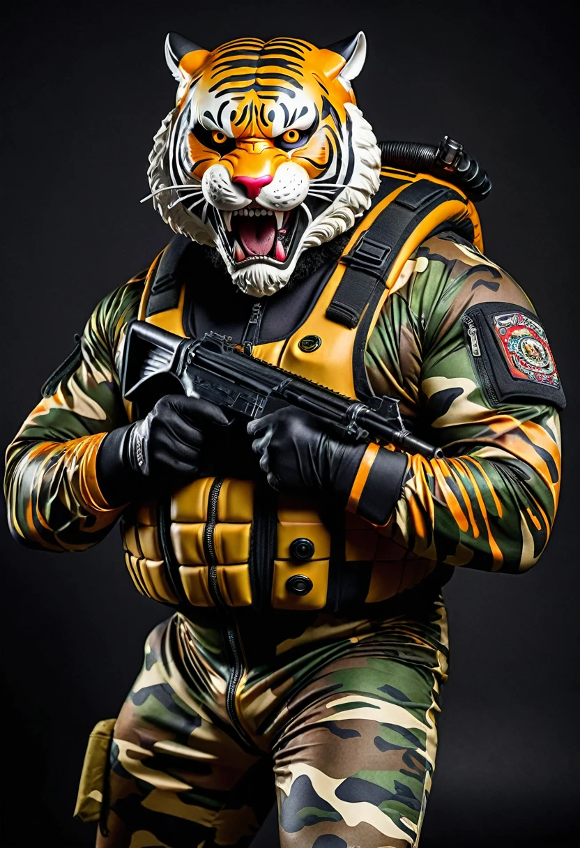 (a dark-skinned bearded fat old man in a bulky camouflage zipper diver suit) holding a gun and (wearing proportionate realistic roaring tiger mask that show the wearer eyes), muscular, Basuki Abdullah, sumatraism, muscular physique, imposing stature, action, a character portrait, heroic, fierce, snarling, best quality