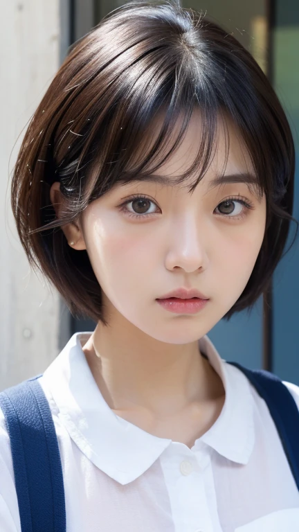 high resolution、Japanese women、Beauty、short hair、Blue and white border shirt、Small face、Angry face