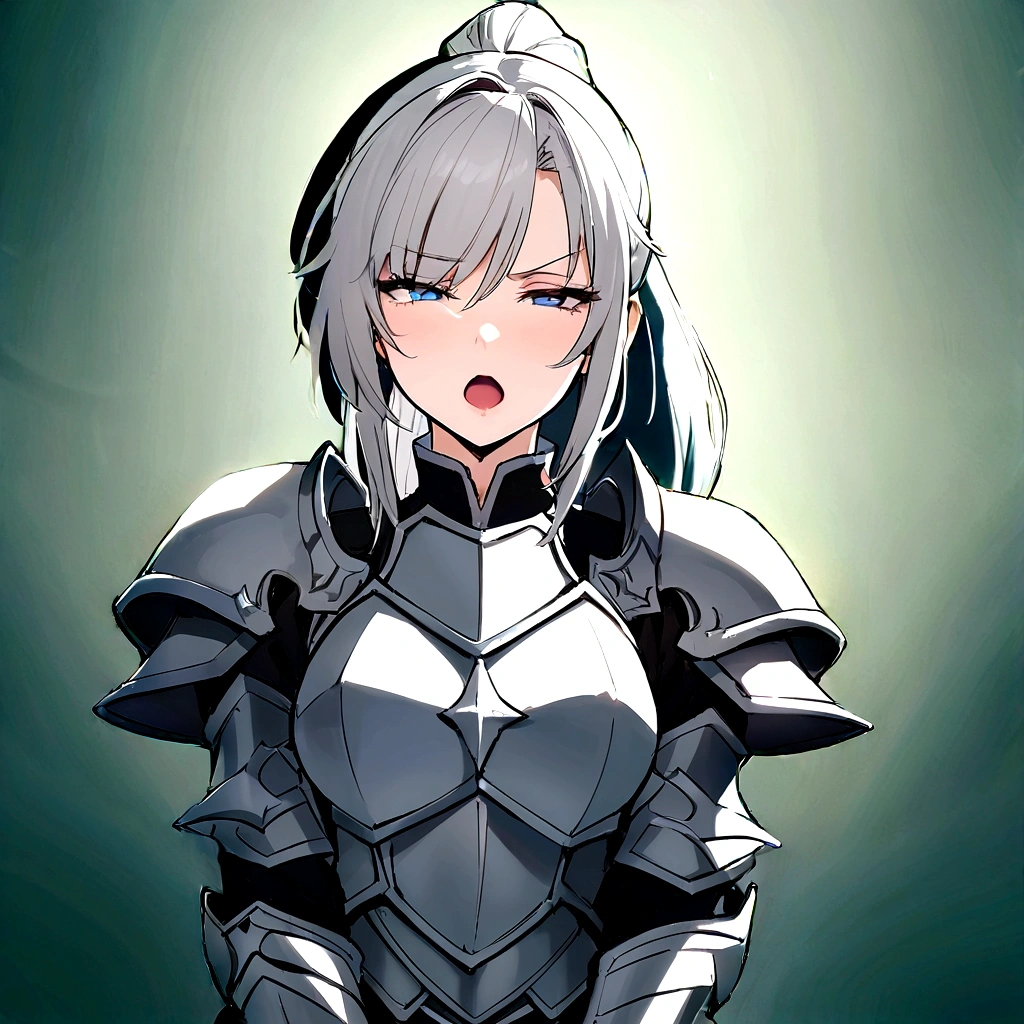 Beautiful girl knight in armor, Gray Hair, tsurime, fantastic, Face your body forward like a certificate photo, shoot from front, Ponytail, Armor Girl, beautiful female knight, Female Paladin, pale blue eyes, narrowed eyes squint, Talking mouth, upper body shot, drawing both arms