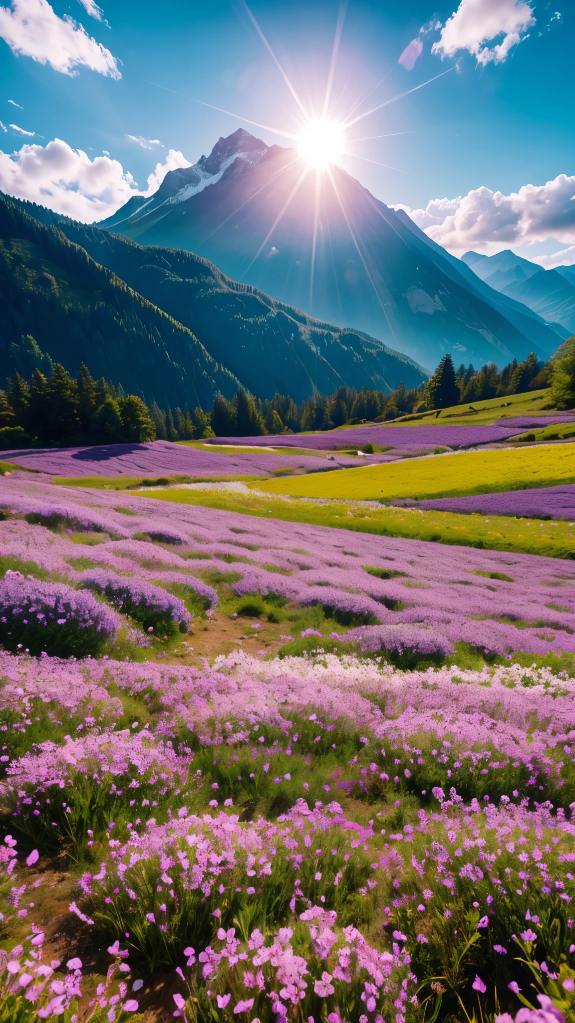 16K、High resolution、Top quality masterpiece、Mountains in the distance々Purple flowers in a field with a view, Pink flower field, Beautiful flower field, Fantastic flower field, The sun shines through the clouds、White sunshine